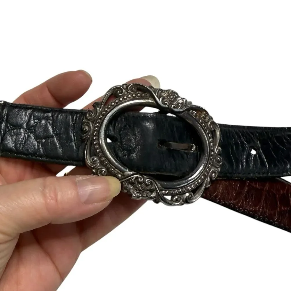 Vintage Reversible Leather Belt Brown Black Ornate Silvertone Embellishments L